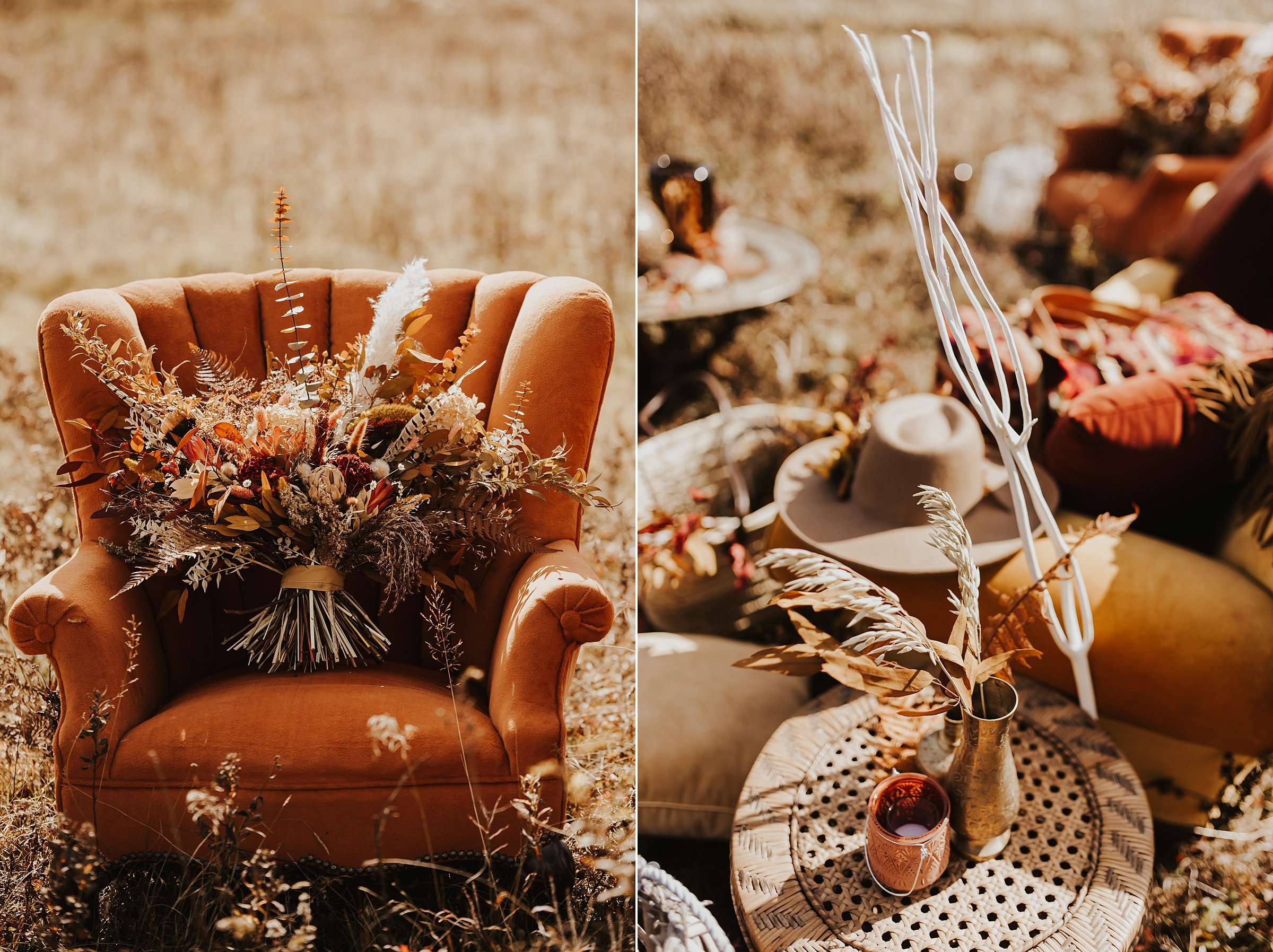Orange couch with dried flower bouquet
