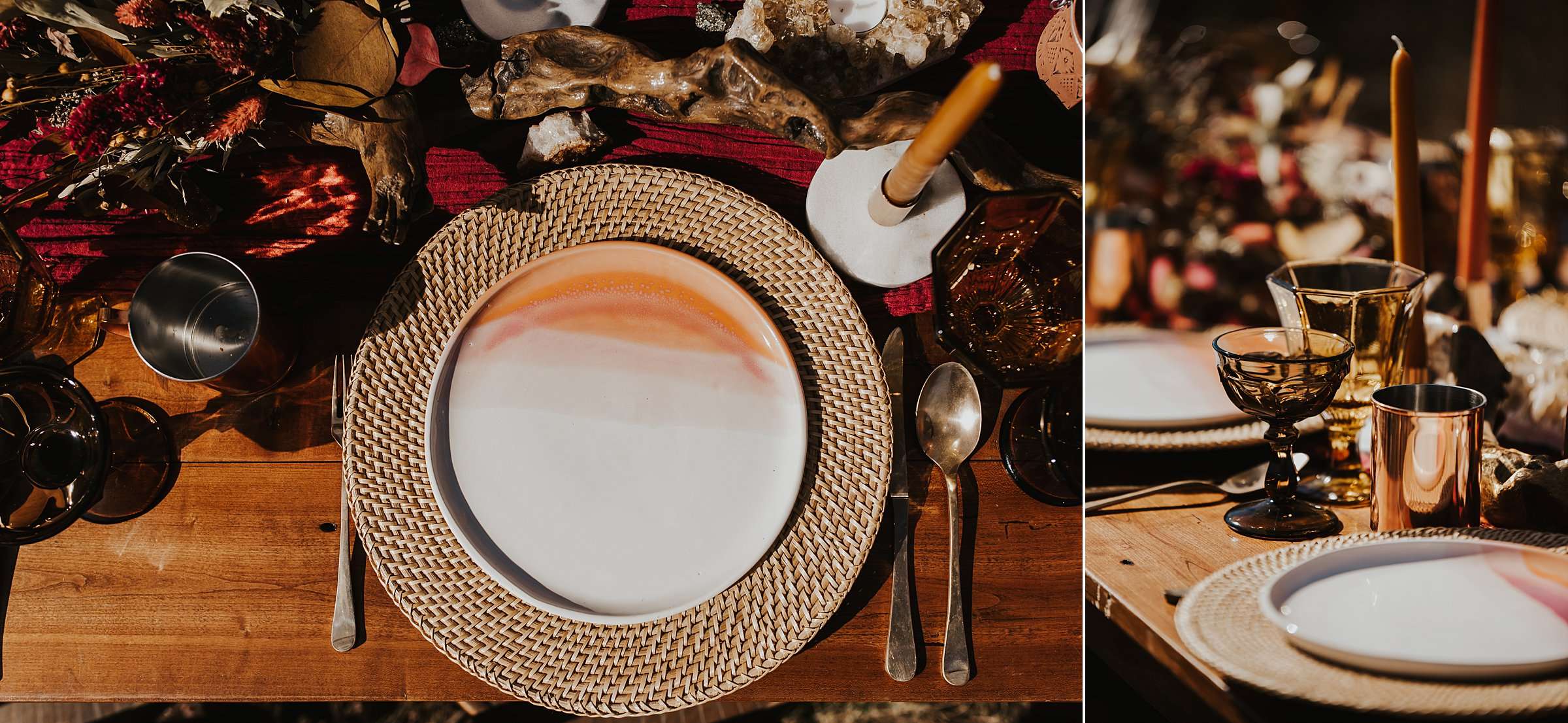 tablescape with copper mugs and candles